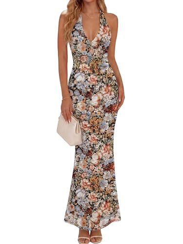 Prinbara Womens Halter Neck Bodycon Maxi Dresses Summer Floral Mesh Formal Elegant Wedding Guest Cocktail Party Long Dress Multi Floral Medium