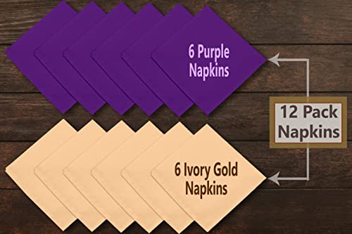 Image of Ruvanti Cloth Napkins Set of 12, 18x18 Napkins Cloth Washable, Soft, Durable, Absorbent, Cotton Blend. Table Dinner Napkins Cloth for Hotel, Lunch, Restaurant, Wedding Parties - Purple & Ivory Gold