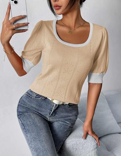 Image of HOTOUCH Sweater for Women 2026 Fall Trendy Puff Tops Casual Eyelet Knit Square Neck Tunic Shirt Blouses Beige White Colorblock L