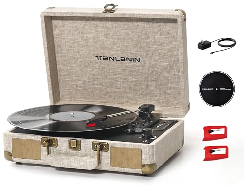 Record Player with Speakers USB Recording Vintage 3-Speed Portable Suitcase Belt-Driven Turntables 33 45 78 RPM Bluetooth LP Vinyl Player Support AUX/RCA/Headphone Jack, Beige Linen