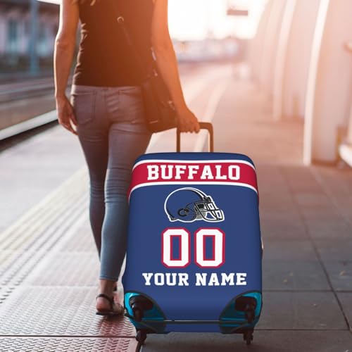 Image of Custom Buffalo Luggage Cover Personalized Football Style Suitcase Cover with Name Number Customized Washable Elastic Sports Travel Suitcase Protector for Business Vacation Gifts