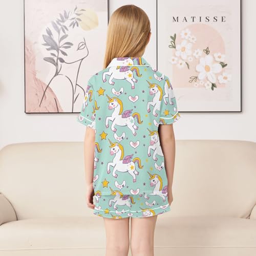 ALAZA Unicorn Love Star Blue Pajamas Satin Pajama Set Short Sleeve Button Down Sleepwear4