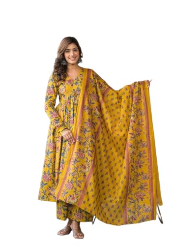 Image of MEERA FAB Women's Cotton Blend V-Neck Anarkali Printed Kurta with Palazzo & Dupatta