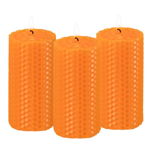 KONNI Beeswax Pillar Candles Hand Rolled Orange Candle 3 Pack 2 x 4 inch
