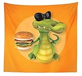 Lunarable Alligator Tapestry Queen Size, Glitzy Gator Sunglasses Holding a Double Cheese Burger Realistic Design, Wall Hanging Bedspread Bed Cover Wall Decor, 88' X 88', Multicolor