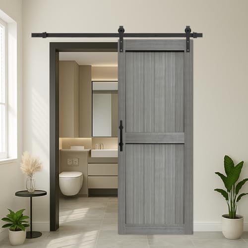 S&Z TOPHAND 32in x 84in MDF Elephant Gray Barn Door with 6.6FT Sliding Door Hardware Kit Solid Barn Door Slab Covered with Water-Proof PVC Surface Simple Assembly is Required
