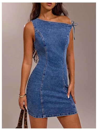Floerns Women's Asymmetrical Neck Knot Denim Dress Party Bodycon Mini Jean Dresses2