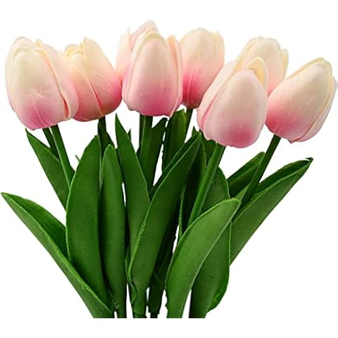 SDOUBLEM 10pcs Tulips Artificial Flowers LED Light Real Touch Fake Bouquet for Home Decor Table Centerpieces Night Lamp Gift Wedding Battery Powered String Light (Pink) Cover