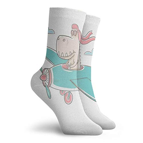 Fashion Compression Socks,Dinosaur Flying A Plane In Sky Cool Hipster Funny Boys Graphic,Performance Polyester Cushioned Athletic Crew Socks for Running,Athletic, -12 inch2