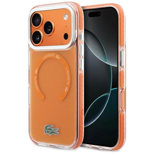 Coque anti-chocs iPhone 17 Pro Lacoste orange MagSafe transparente givrée