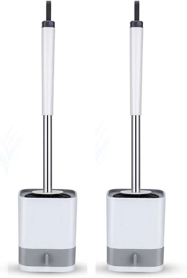 Toilet Brush and Holder Set, Soft Silicone Bathroom Toilet Bowl Storage with TPR Soft Bristle, Removable Water Drawer, Diatom Mud Pad and Aluminum Handle, Wall Mount, White (2 Pack)