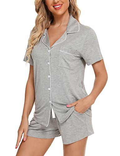 Image of Pjmlifecoco Women's Modal Pajama Set Short Sleeve Button Down Two Piece Soft Sleepwear with Shorts Loungewear S-XXL