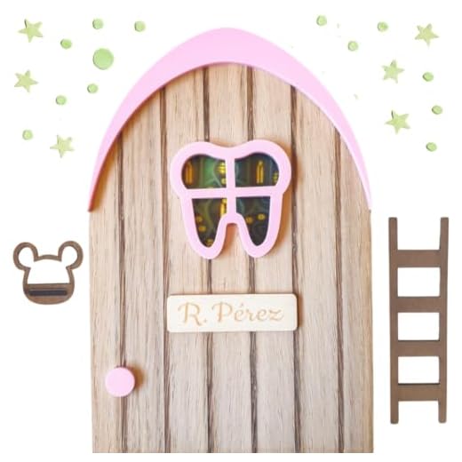 7GANSOS NUEVA PUERTA DEL RATONCITO PEREZ ROSA de madera, con repisa en forma de ratón para dejar el diente, escalera y estrellas que se iluminan en la oscuridad. NO SE ABRE