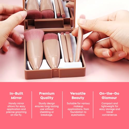 Image of Gleva Travel Size Mini Makeup Brushes Set with Mirror Small Complete Function Cosmetic 5 Pcs Brushes Kit Case Apply to Face Foundation Powder Concealers Eyebrow Eyeshadow (Rose Red)