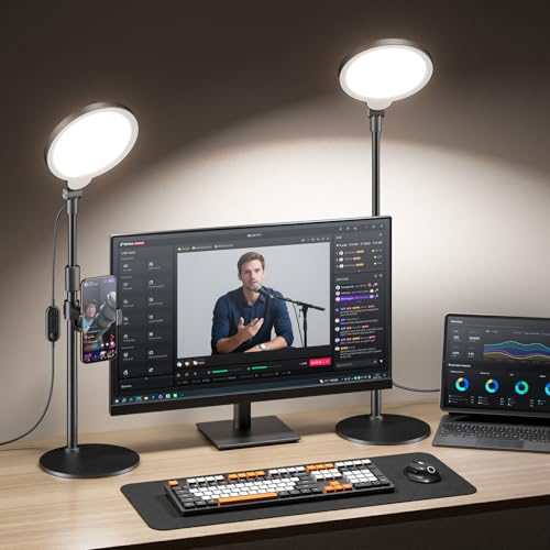 Dimmable Ring Light with Stand for Desk, Adjustable Desk Light for Video Recording, 30 Light Modes...