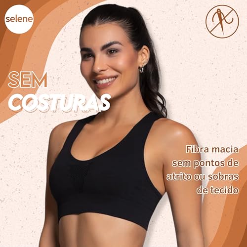 SELENE Top Academia com Microfuros Poliamida Sem Costura Feminino Fitness Adulto, Preto, GG