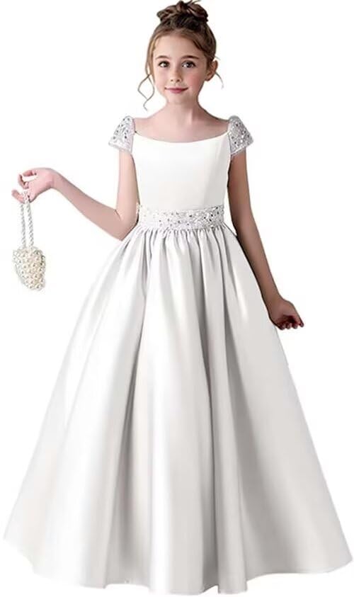 FYNony Satin Flower Girl Dresses for Wedding Sequin Pageant Dresses for Girls Formal Party Ball Gowns