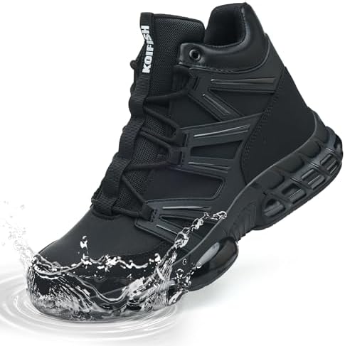 KOIFISH Steel Toe Work Boots for Men Women Waterproof - Lightweight Safety Boots & Steel Toe Shoes for Construction,Industrial,Warehouse,Factory,Logistics | Comfortable with Air Cushion,Black