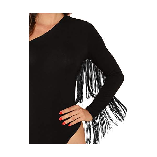 Verdusa-Womens-Fringe-Trim-One-Shoulder-Long-Sleeve-Bodysuit-Top Verdusa Women's Fringe Trim One Shoulder Long Sleeve Thong Bodysuit Top Black M