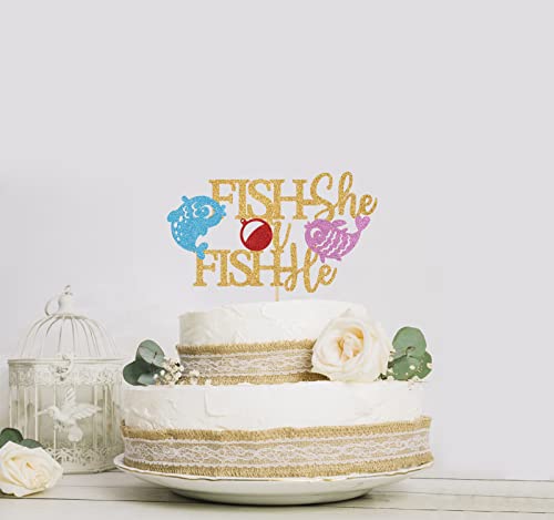 Fish-She Or Fish-He Cake Topper, Fishing Themed Gender Reveal Party Decorations, Glittery Gone Fishing Bobber Baby Shower Party Supply #TOP2
