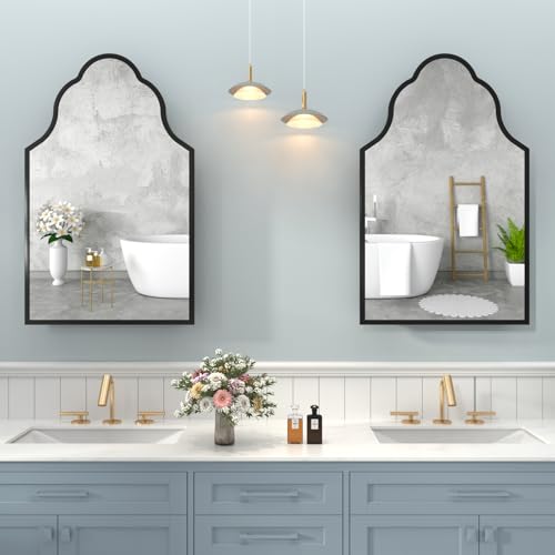 Image of 20 inchx32 inch Irregular Medicine Cabinet with Mirror, Recessed or Surface Mount Black Arched Medicine Cabinet for Bathroom, Artistic Decorative Mirror with Storage, Full Metal, Easy Installation