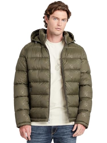 GUESS Adam Puffer Veste homme noire matelassée chaude à capuche et fermeture éclair