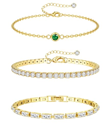JeweBella 3-7 Stück Armband Damen Gold Edelstahl Ketten Armbänder Set 18K Vergoldet Armkette Damen Verstellbar Twist Schlange Figaro Tennis Charm Armband Set Wasserfester Gold Schmuck für Damen Frauen