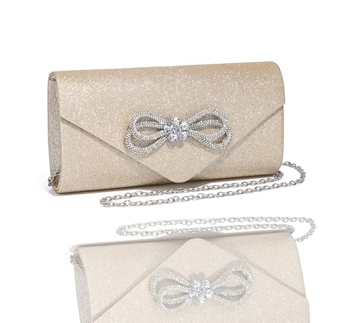MUDUO Womens Evening Bag Sparkly Bow Clutch Purse Wedding Party Purses Glitter Rhinestone Cocktail Prom Handbags (Champagne)