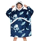 Gentlewarm Wearable Blanket for Kids, Cozy Wearable Blanket Hoodie for Teens Girls Boys, Warm Blanket Sweatshirt Gift for Teenage, Hoodie Blanket with Sleeves and Giant Pocket Blue Spaceman