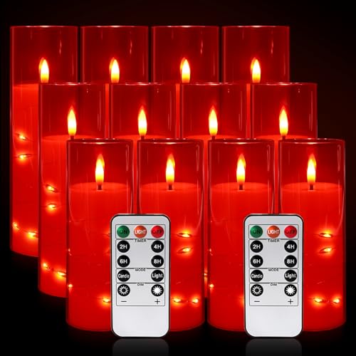 Image of 12‑Pack Red Flameless LED Candles(D 2.2 inch xH 5 inch 6 inch 7 inch) with Embedded String Lights,Acrylic Pillar Candles with 2 Remote Timers, Battery‑Operated for Christmas, Halloween & New Year Decor.