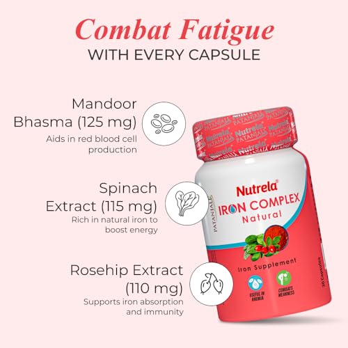 Image of Nutrela Iron Complex Natural - 30 Capsules | Plant-Based Iron Supplement with Rosehip Extract | Pack of 3