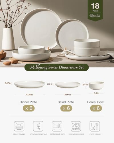 Image of Famiware Milkyway Plates and Bowls Sets, 18 Pieces Dinnerware Sets, Reactive Glaze Dish Set, Stoneware Dishes Set for 6, Matte Beige White