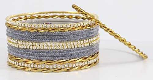 Image of NMII Gold Plated Metal Velvet Bangles Set For Women & Girls with Zircon Gemstone Studded | Traditional Women's Bangles | Designer Gold Bangles | Fashion Jewellery- Set of 28