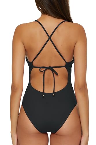 BECCA Women's Modern Edge One Piece Swimsuit, Plunge Neck, Adjustable, Tie Back, Bathing Suits3