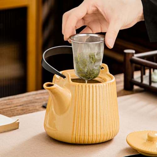 Image of Yundu Ceramic Teapots for Tea, 1000ml /33.8oz Tea Pot with Infusers for Loose Tea, Striped Tea Pot with Removable Tea Infuser - Reactive Mustard