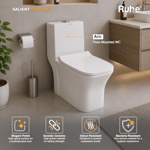 Image of Ruhe Aric One-Piece Western Toilet for Bathroom | S-Trap | White Glossy Ceramic | 27.1 x 14.3 x 29.1 inches | Soft-Close Seat Cover | Rubber Gasket Set | Dual Flushing | Siphonic Flush | Floor Mount
