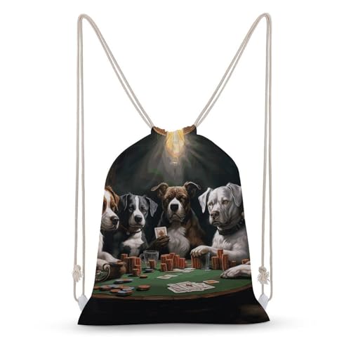 Canvas Drawstring Backpacks Playing Poker Dogs Sports Gym Pull String Bags Lightweight for Men Women