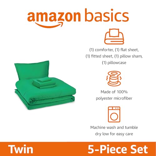 Image of Amazon Basics 5-Piece Soft Microfiber Kid's Bed-in-a-Bag Bedding Set, Twin, Green, Solid