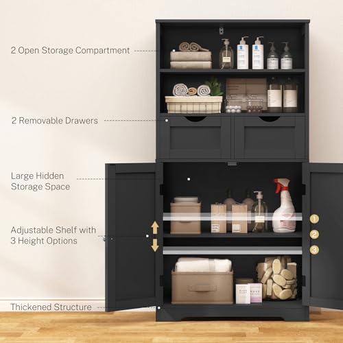 Image of Iwell Tall Storage Cabinet, Black Storage Cabinet & Adjustable Shelves, Bathroom Cabinet for Living Room, Dining Room, Entryway, Black