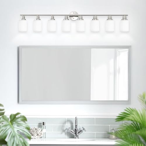 Image of 8-Light Vanity Lights, Brushed Nickel Bathroom Light Fixture with Striped Textured Milky White Glass Shade, E26 Modern Vanity Lighting Fixture for Bathroom Wall Sconce Light Over Mirror
