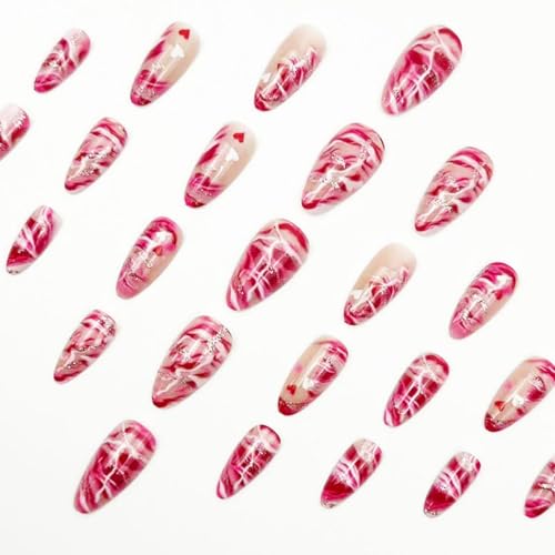 Image of Valentines Press on Nails Pink Fake Nails Shiny Glitter Ombre Glue on Nail with Design Glossy Full Cover Medium Almond Stick on Nail for Women Manicure 24Pcs