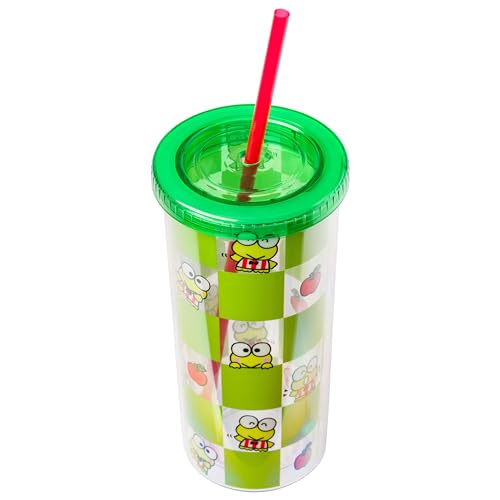 Image of Silver Buffalo Sanrio Hello Kitty and Friends Keroppi Green Checkered Plastic Cold Cup with Lid and Straw, 20 Ounces | Hello Kitty and Friends, Checkered Pattern, Includes Lid and Straw, 0.59 Liters