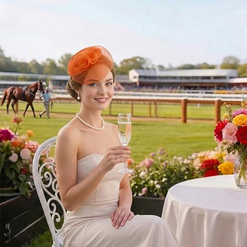 Image of DRESHOW Fascinator Hats for Women Cocktail Tea Party Hat Netted Pillbox Hat Vintage Derby Hats for Bridal Wedding