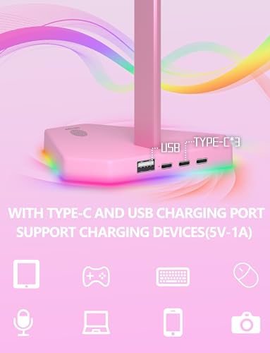 RGB Headphones Stand with 1 USB-C Data Transmission& 3 Type-C Charging Port, Desk Gaming Headset Holder with 7 Light Modes and Non-Slip Rubber Base (Black) - Image 3