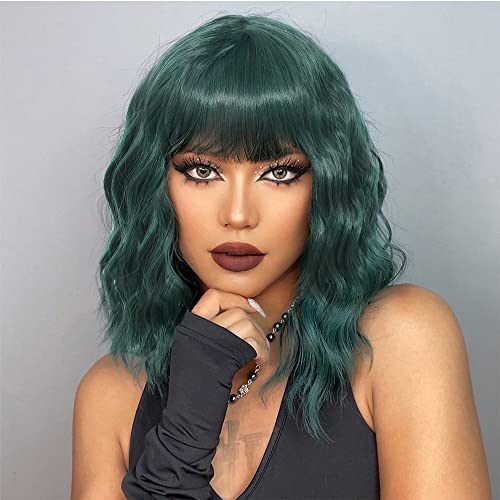 Wassai Dark Green Wig with Bangs Green Wigs for Women Short Wavy Wig with Bangs Shoulder Length Synthetic Heat Resistant Fiber Pastel Wig Colored Wigs for Cosplay Party (Dark Green)