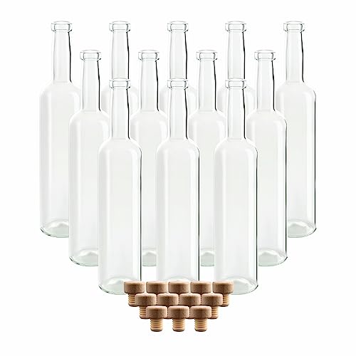 gouveo lot de 12 bouteilles en verre 500 ml Bordeaux transparent avec bouchons (HGK) - bouteille vide 0,5 l à remplir - bouteille en verre pour liqueur, schnaps, huile, vinaigre