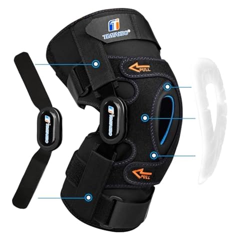 T TIMTAKBO Hinged Knee Brace for Knee Pain Relieve,GEL Patella Support with Removable Dual Side Stabilizers,Knee Support for Meniscus Tear,Relieves ACL,Arthritis(M fit Upper 18-19.5"/Lower 14-16") Cover