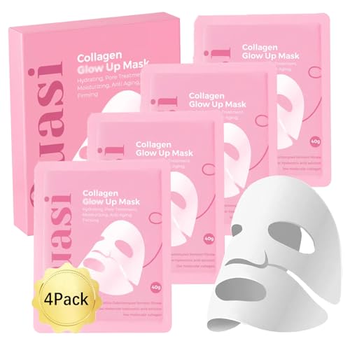 QuasiBio Collagen Face Mask Overnight, Korean Collagen Face Mask, Collagen Deep Hydrating Mask Hydrogel Sleeping Mask, Pore Minimizing, Improve Elasticity (1 Box/4Pcs)