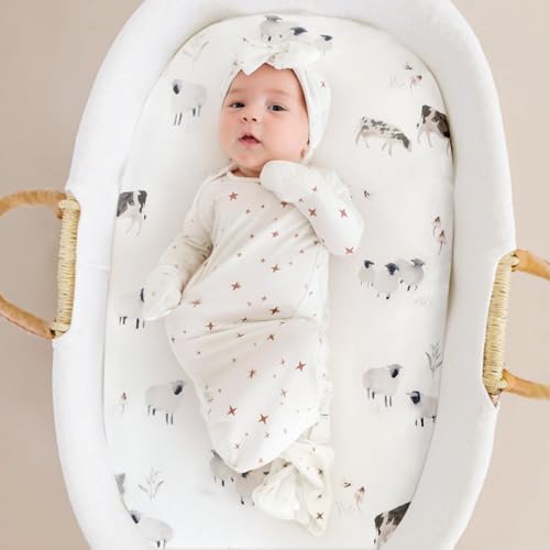 Image of GRSSDER Stretchy Ultra Soft Fitted Bassinet Sheet Set 3 Pack, Universal Fit for Bassinets Baby Cradle Moses Basket Oval Rectangle Mattress Safe and Snug, Cute Watercolor Cows and Birds Print