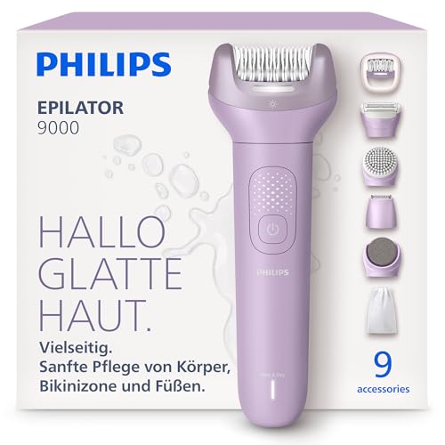 Philips Epilierer Series 9000 - Kabelloser Epilierer für Nass- und Trockenanwendung Beine Körper und Bikinizone mit ProGuide 9 Zubehörteile inkl. Pediküre-Aufsatz 60 Min. Akku Modell BRE728/00